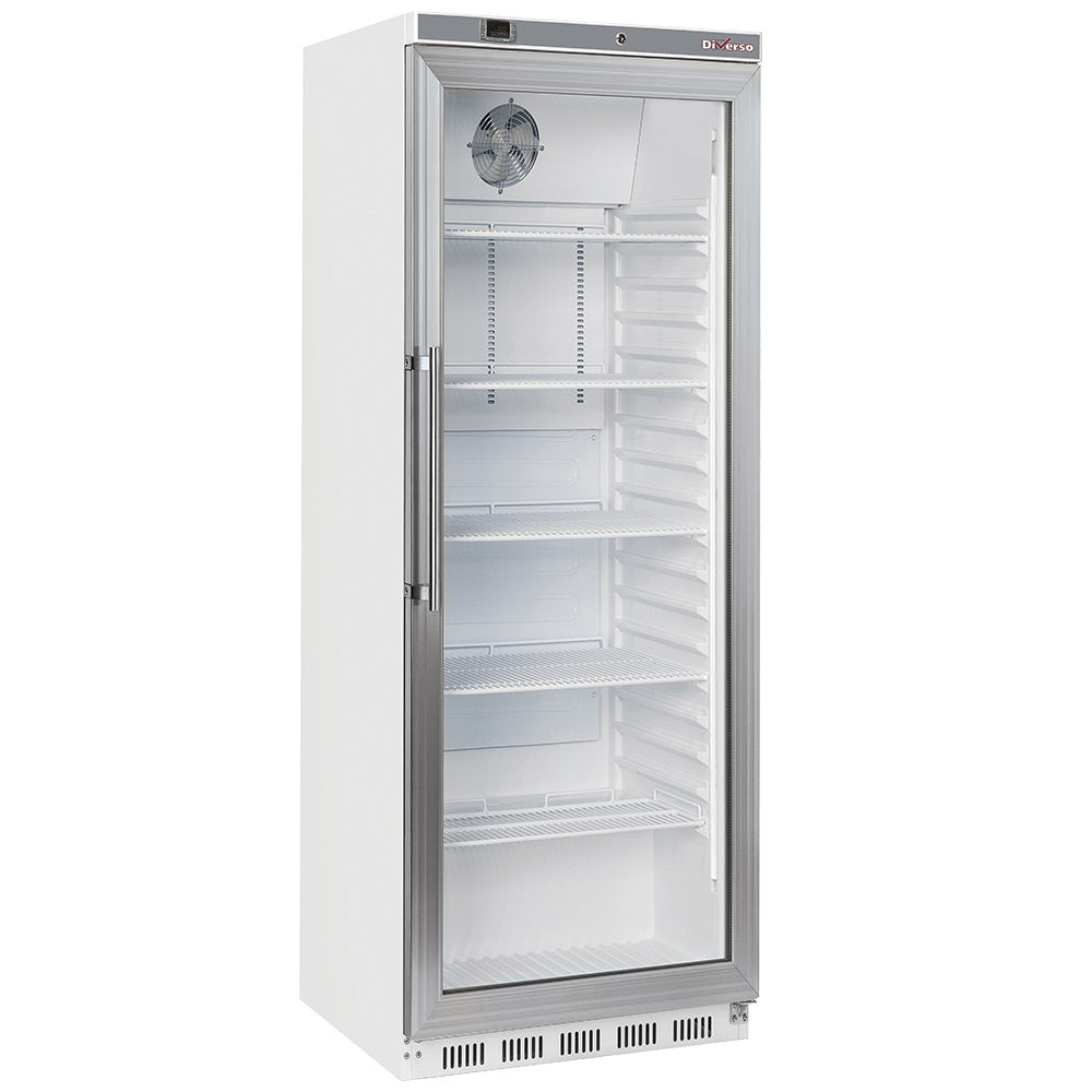 Armoire frigorifique vitrée blanche Diverso, porte ventilée, capacité de 400 litres, pour la conservation réfrigérée.