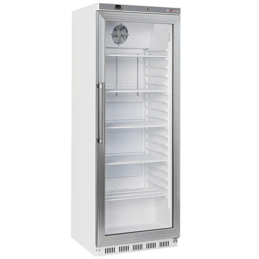 Armoire frigorifique vitrée blanche Diverso, porte ventilée, capacité de 400 litres, pour la conservation réfrigérée.
