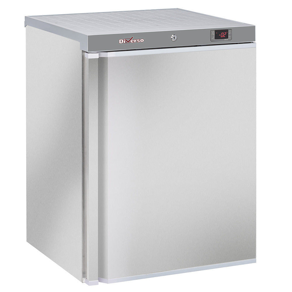 Réfrigérateur ventilé en acier inox de 200 litres Diverso avec porte large, vue de face.