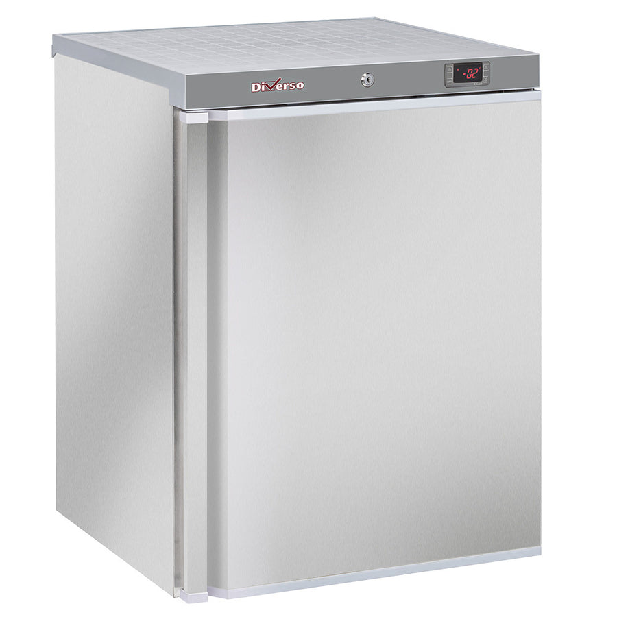 Réfrigérateur ventilé en acier inox de 200 litres Diverso avec porte large, vue de face.