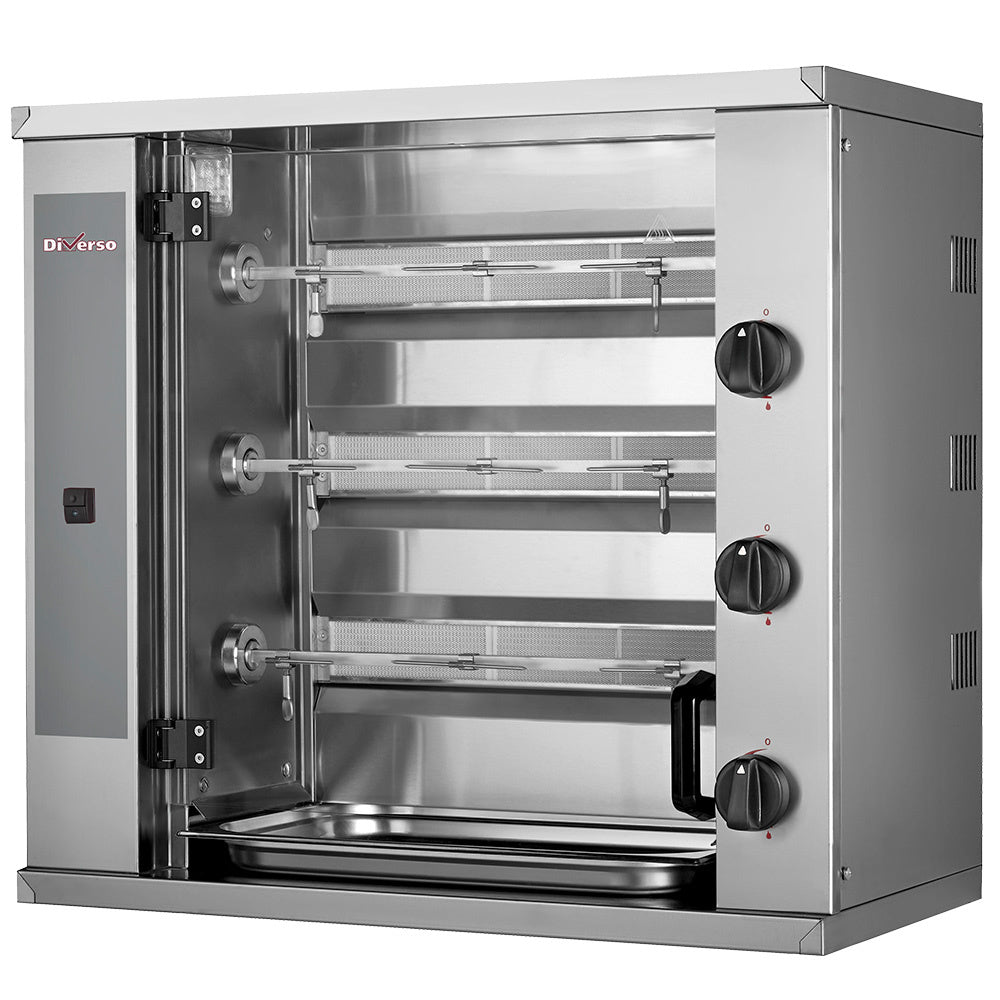 Rôtissoire à poulets gaz Diverso à 3 broches pour 9 poulets, appareil de cuisson rotatif compact, vue en gros plan