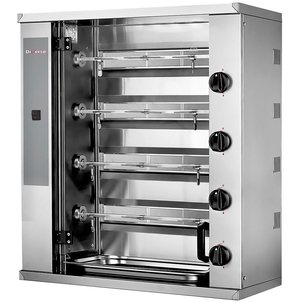 Rôtissoire à poulets gaz Diverso avec 4 broches pour 12 poulets, machine de cuisson rotative compacte, en acier inoxydable.