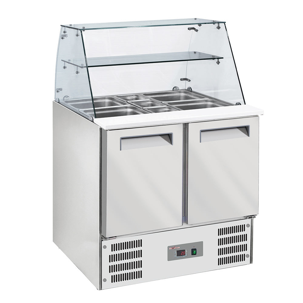 Saladette Diverso avec vitre bombée, 2 portes GN 1/1, 3 compartiments GN 1/6, réserve 2 portes GN 1/1, design professionnel