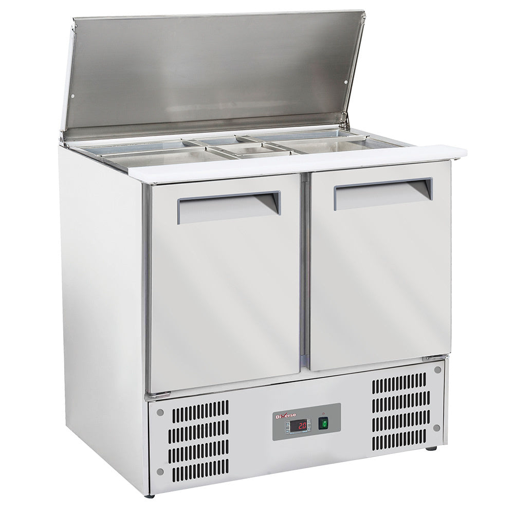 Saladette Diverso avec couvercle 2x GN1/1, réserve 2 portes GN1/1, et compartiments GN1/6 de 150 mm pour restaurant.