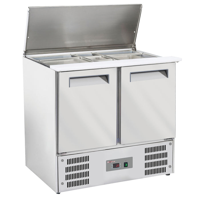 Saladette Diverso avec couvercle 2x GN1/1, réserve 2 portes GN1/1, et compartiments GN1/6 de 150 mm pour restaurant.