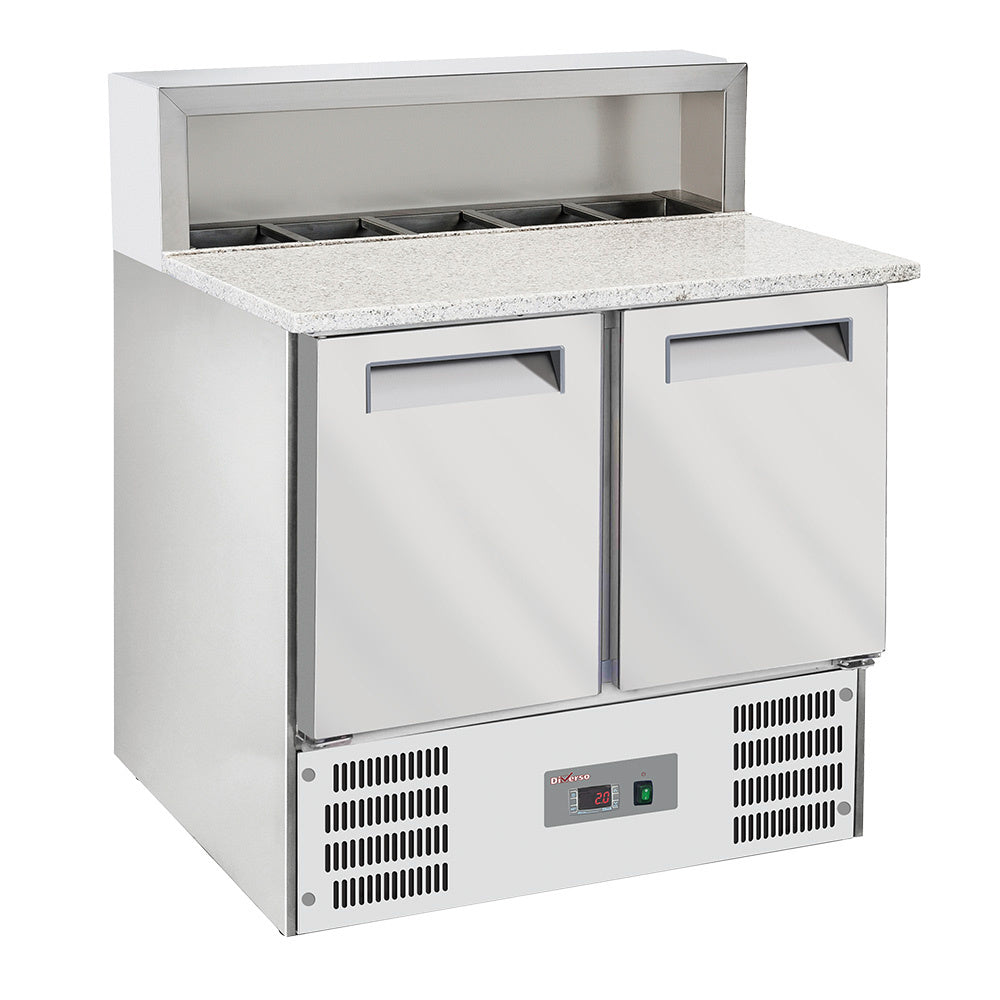 Table pizzas frigorifique 2 portes GN1/1, structure réfrigérée 5x GN1/6-150 mm