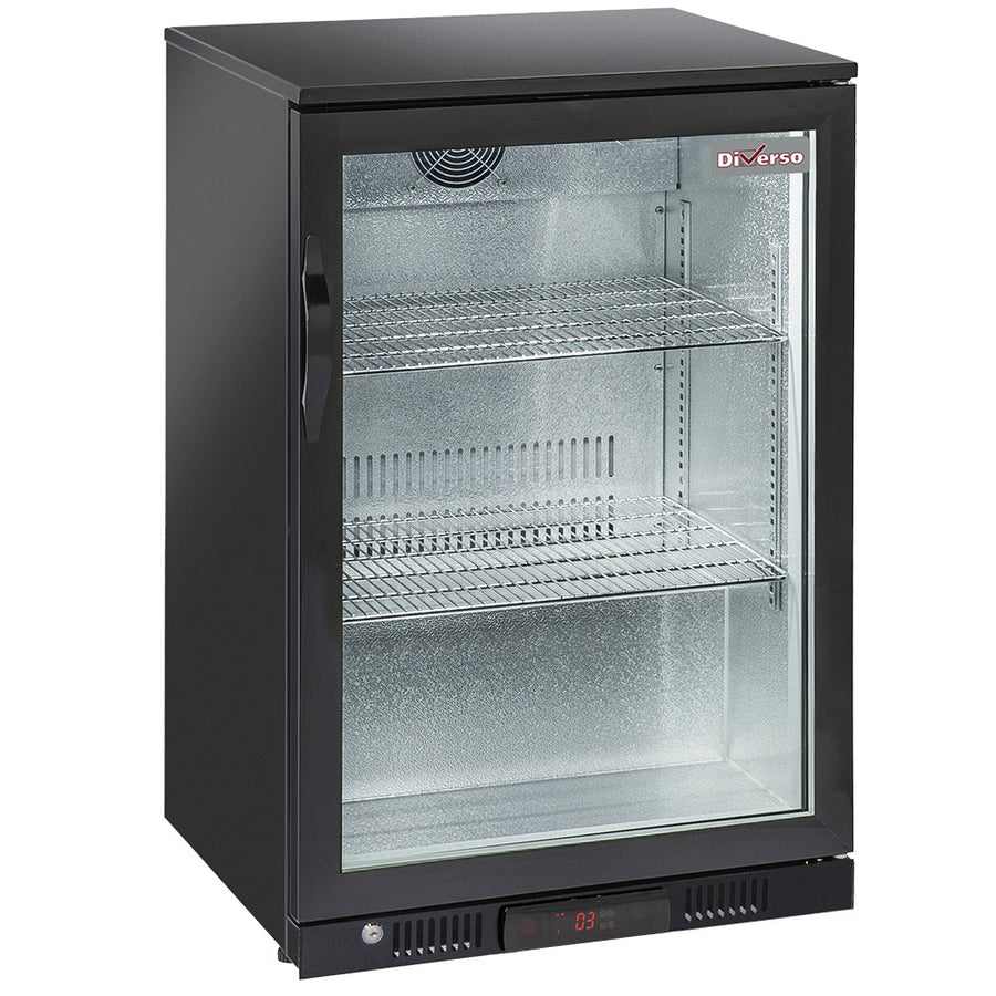 Refroidisseur de bouteilles Diverso avec porte vitrée battante, ventilation arrière pour bar ou cuisine.