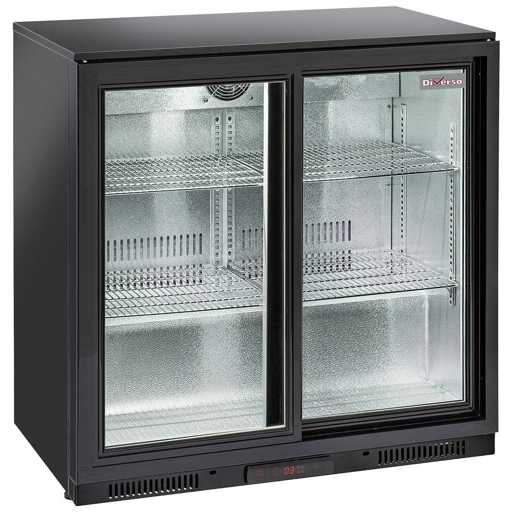 Refroidisseur de bouteilles Diverso avec 2 portes vitrées coulissantes, ventilé, pour arrière bar, grand espace de stockage.