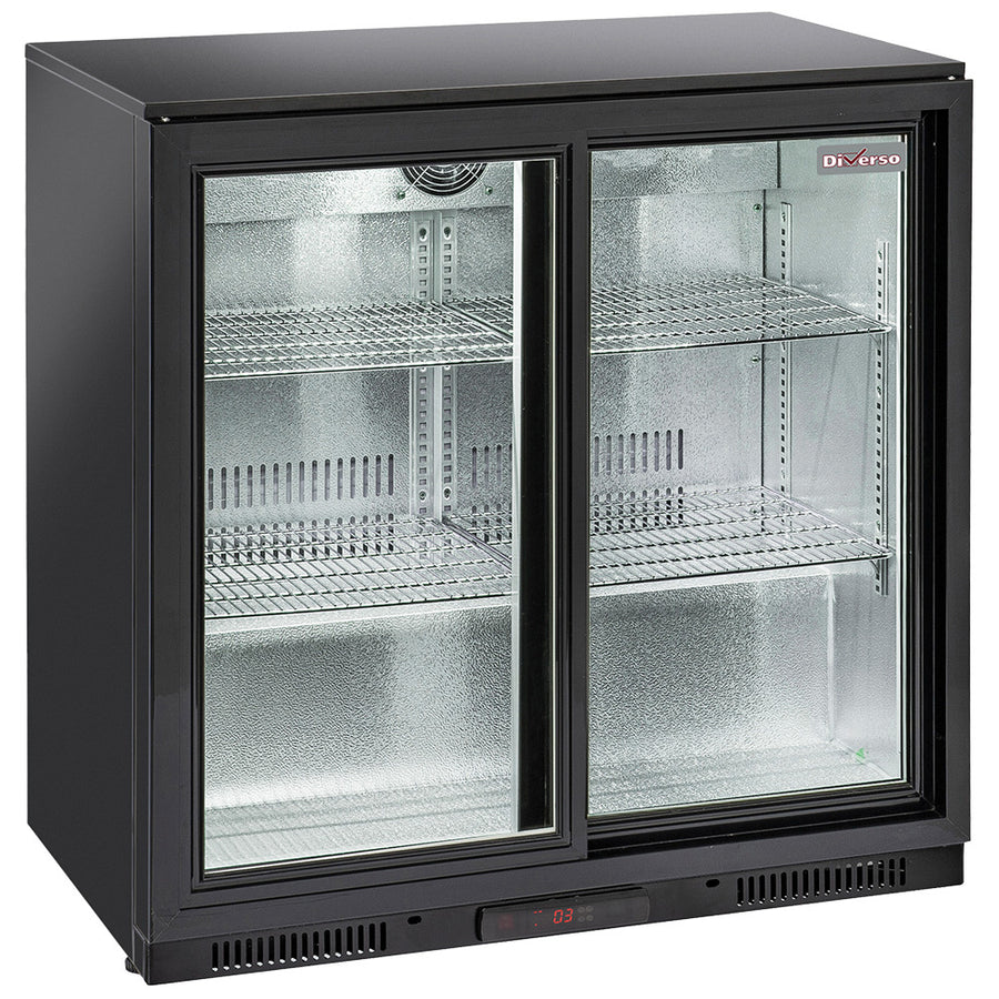 Refroidisseur de bouteilles Diverso avec 2 portes vitrées coulissantes, ventilé, pour arrière bar, grand espace de stockage.