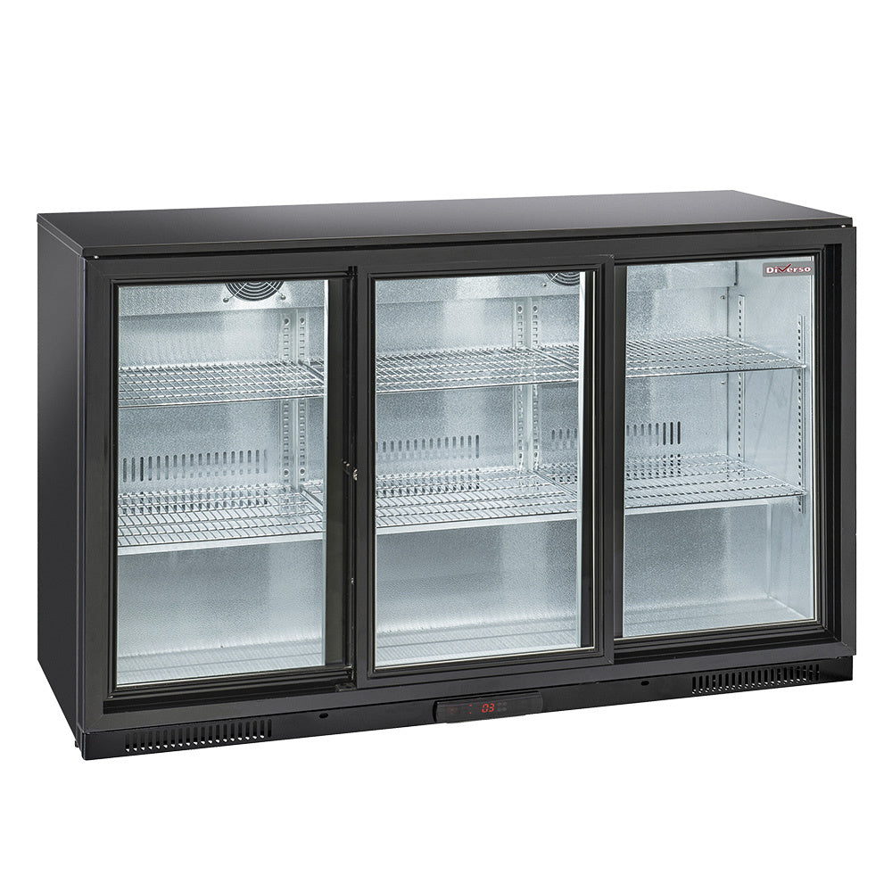 Refroidisseur de bouteilles Diverso avec 3 portes vitrées coulissantes, ventilation arrière pour bar professionnel.