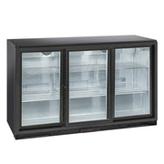 Refroidisseur de bouteilles Diverso avec 3 portes vitrées coulissantes, ventilation arrière pour bar professionnel.