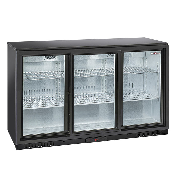 Refroidisseur de bouteilles Diverso avec 3 portes vitrées coulissantes, ventilation arrière pour bar professionnel.