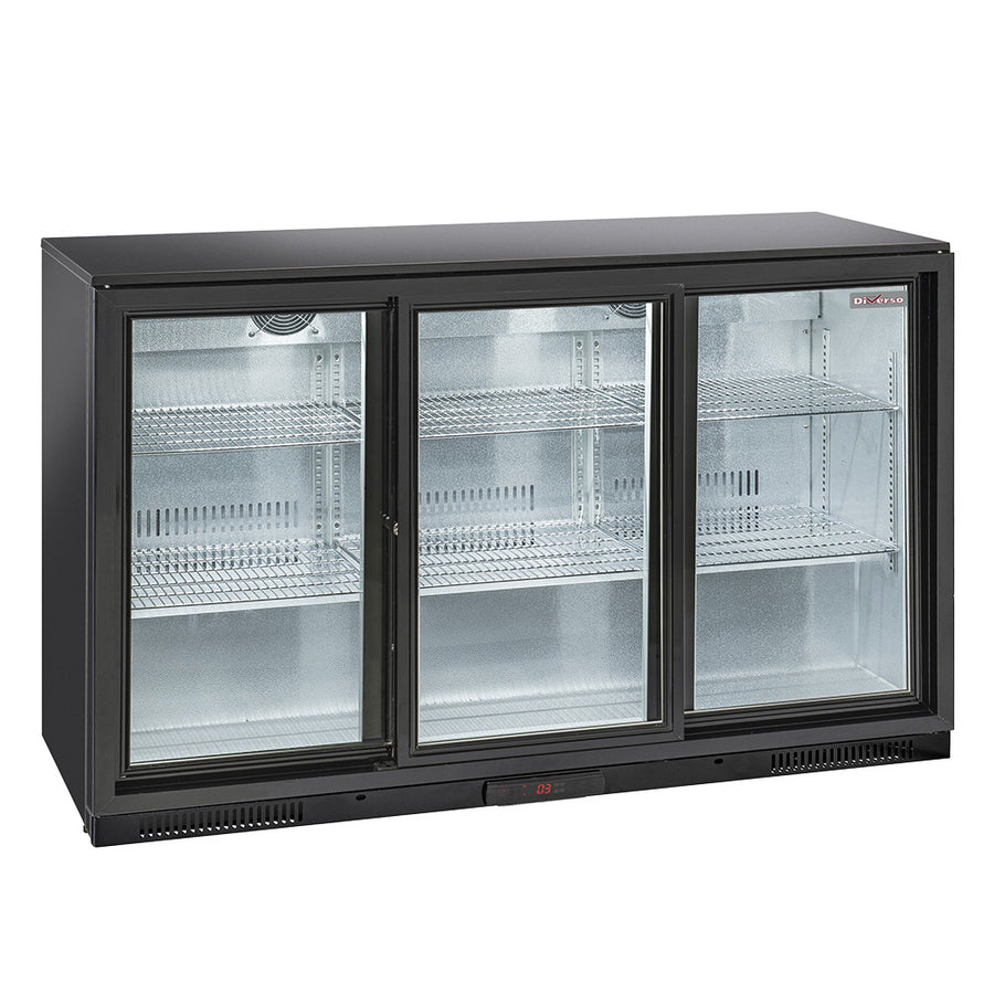 Refroidisseur de bouteilles Diverso avec 3 portes vitrées coulissantes, ventilation arrière pour bar professionnel.