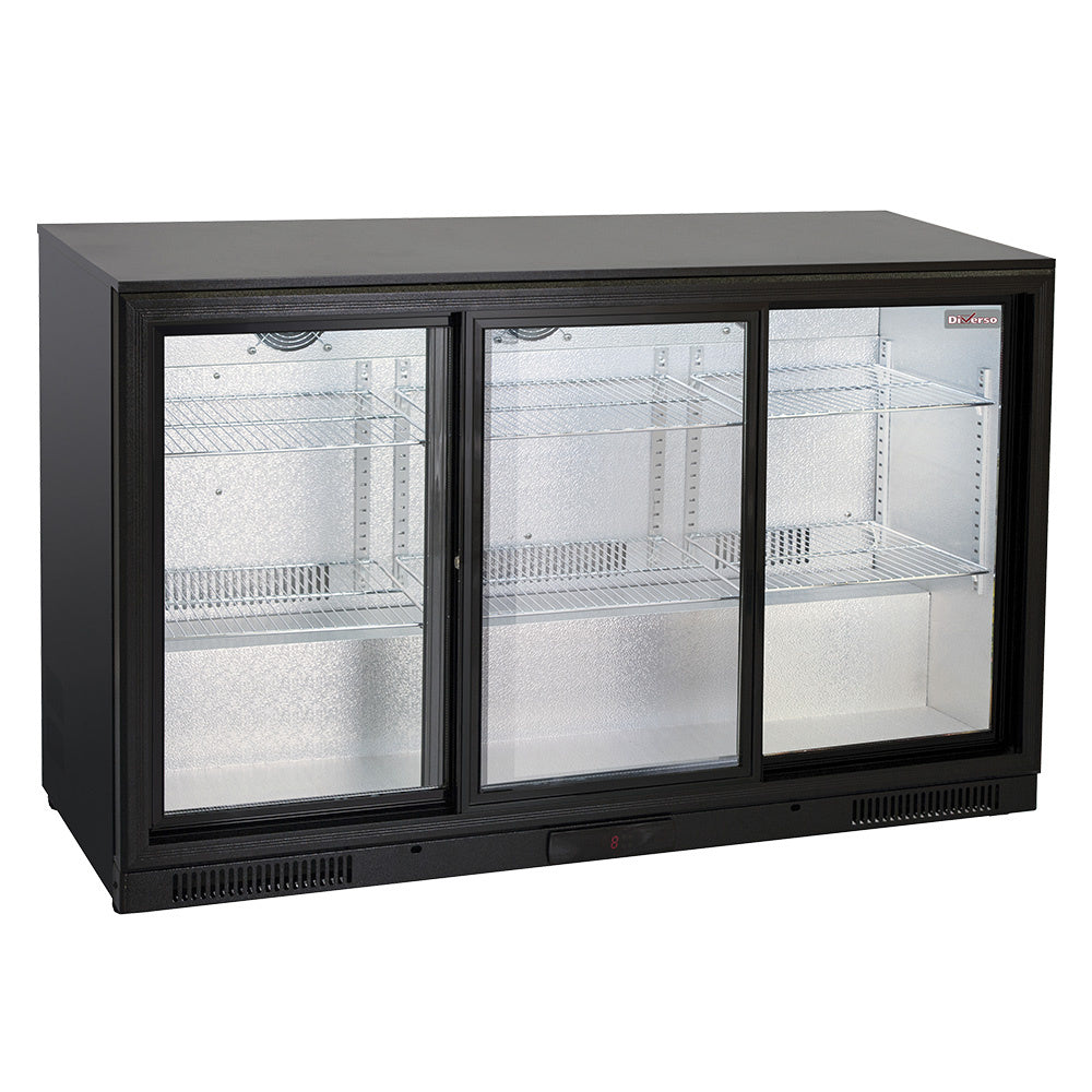 Refroidisseur de bouteilles ventilé Diverso avec 3 portes vitrées coulissantes, espace de stockage élégant et pratique.