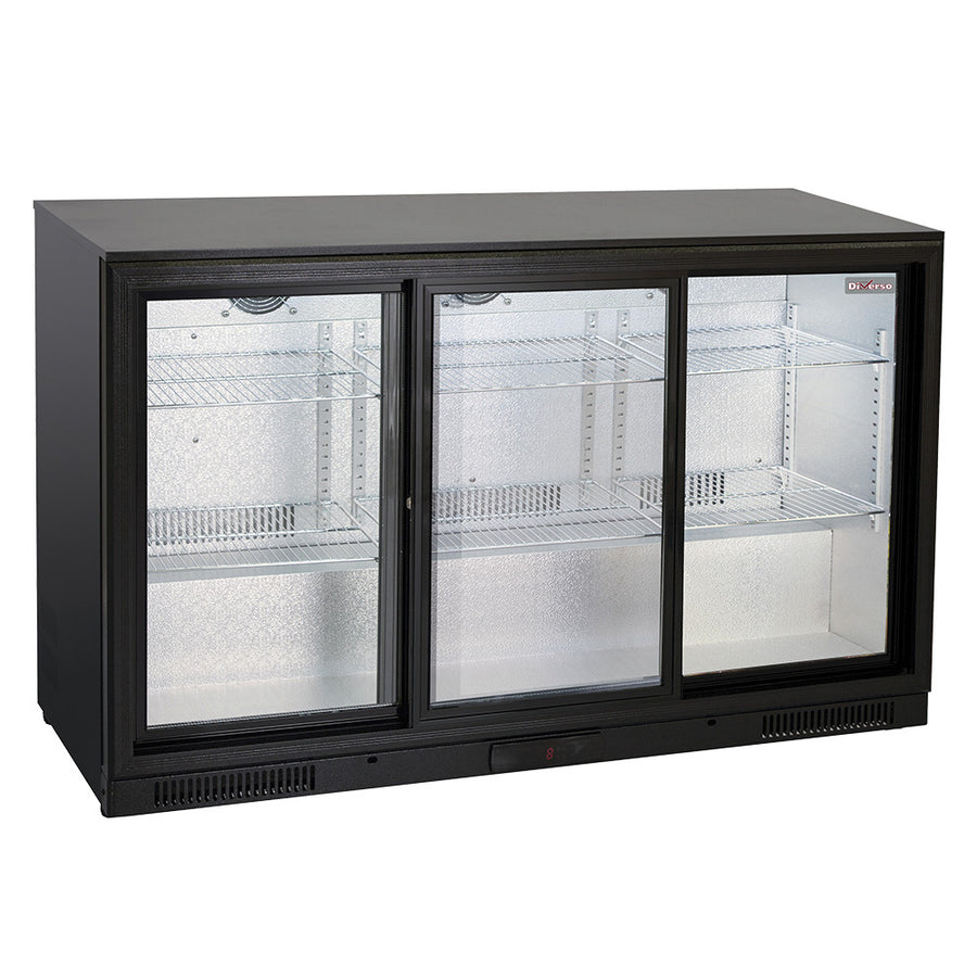 Refroidisseur de bouteilles ventilé Diverso avec 3 portes vitrées coulissantes, espace de stockage élégant et pratique.