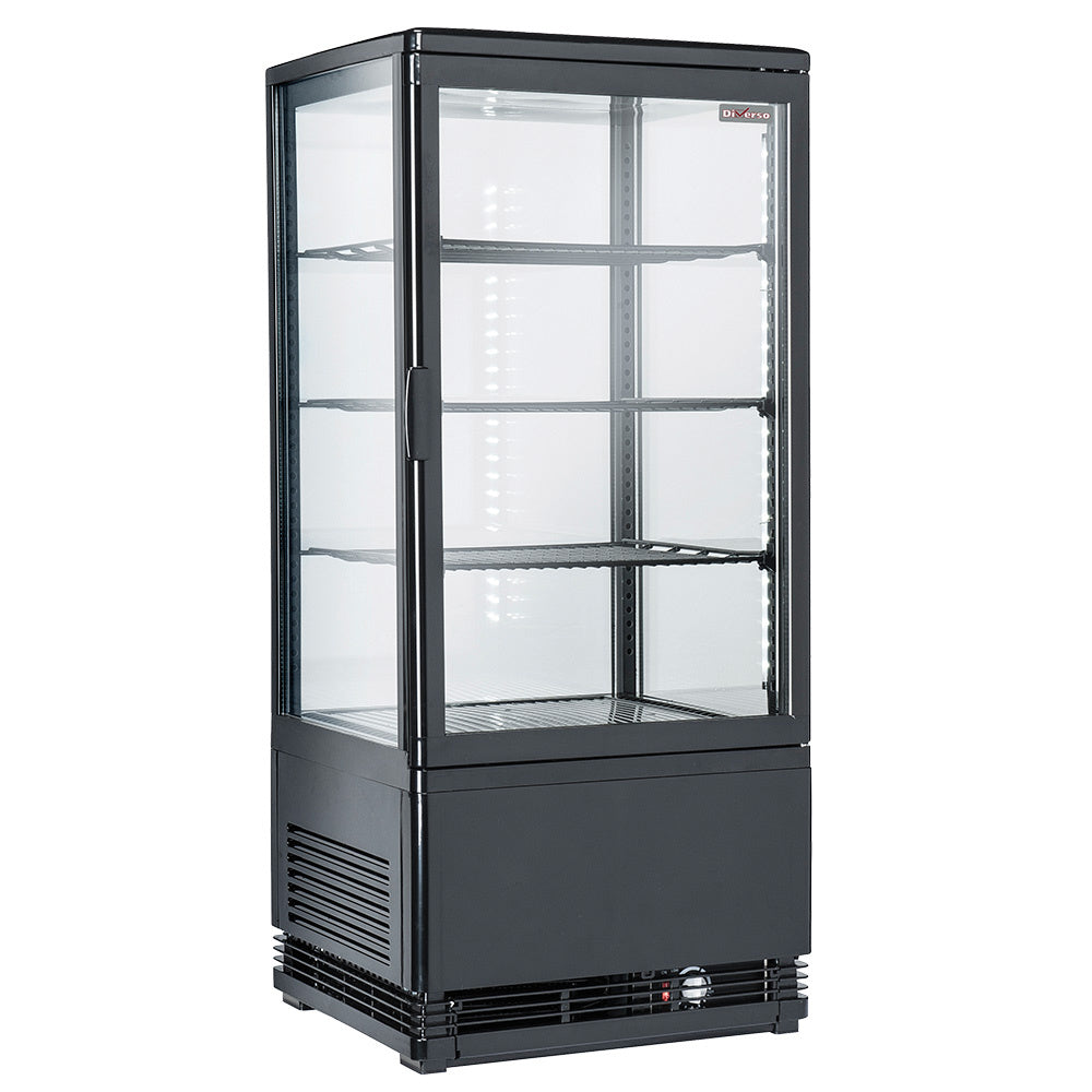 Vitrine de table ventilée noire Diverso, panoramique 4 faces vitrées, 4 niveaux, capacité de 80 litres.