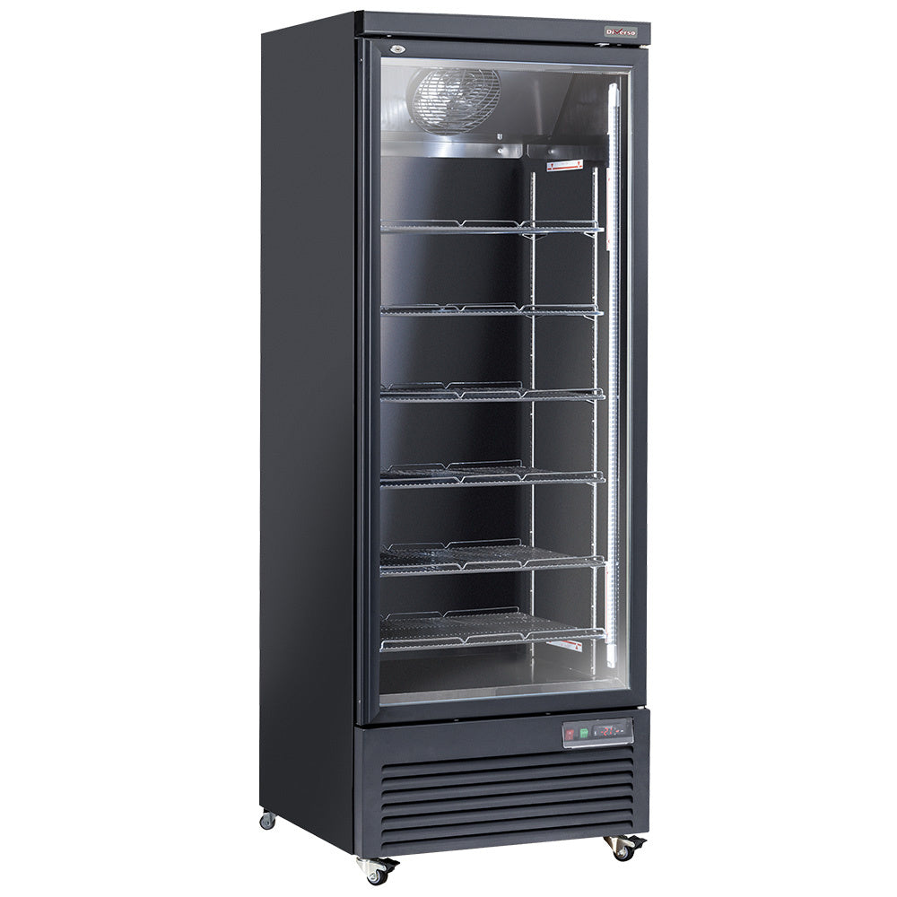Vitrine frigo verticale noire pour bouteilles et canettes, 615 litres, par Diverso, porte unique visible dans l'image.