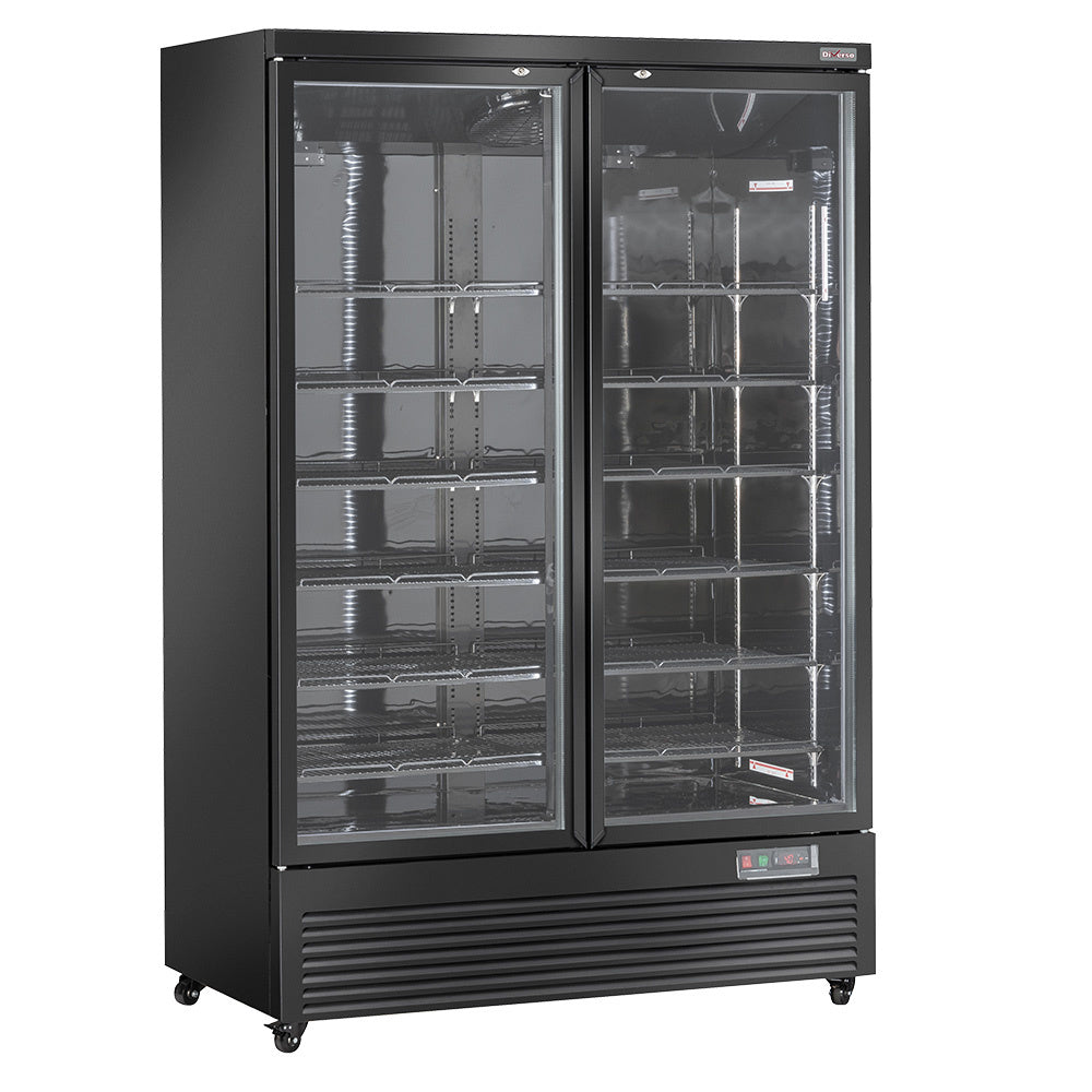 Vitrine frigo verticale noire pour bouteilles et canettes, 2 portes, capacité de 1085 litres, marque Diverso.