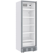 Vitrine ventilée positive blanche pour bouteilles et canettes, 382 litres, Diverso, affichant plusieurs bouteilles dans un espace de stockage.