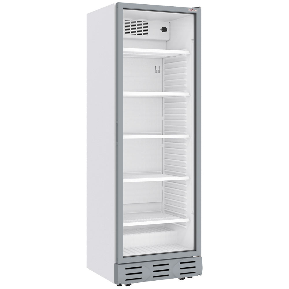 Vitrine ventilée positive blanche pour bouteilles et canettes, 382 litres, Diverso, affichant plusieurs bouteilles dans un espace de stockage.