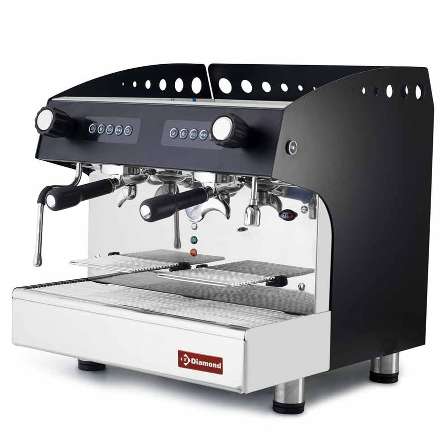 Machine à café expresso automatique Diamond 2 groupes noir, avec panneaux de contrôle, pour préparation de cafés riches et aromatiques.