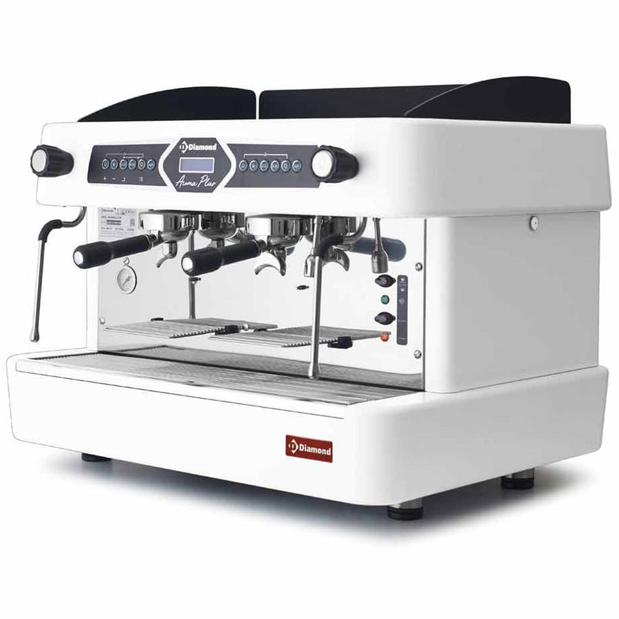 Machine à café automatique Diamond 2 groupes avec display, finition blanche visible dans l'image.