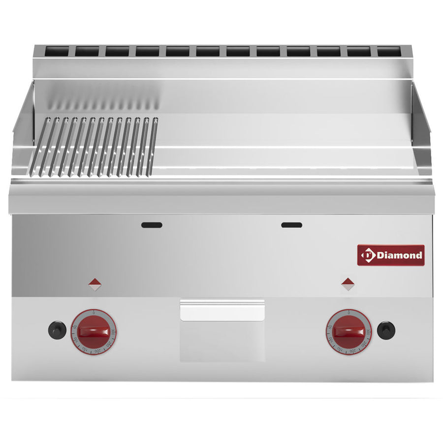 Plaque de cuisson gaz, surface 2/3 lisse, 1/3 nervurée "chrome" -Top-