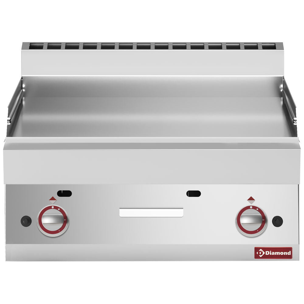 Plaque de cuisson gaz lisse Diamond, design moderne, surface en acier inoxydable, vue en gros plan.