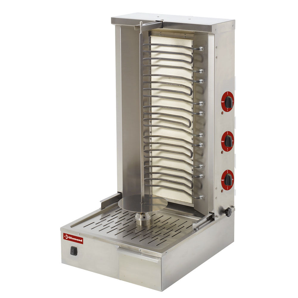 Gril électrique pour gyros Diamond, cuisson de 55 kg, avec éléments de chauffage et surface de cuisson en acier inoxydable.