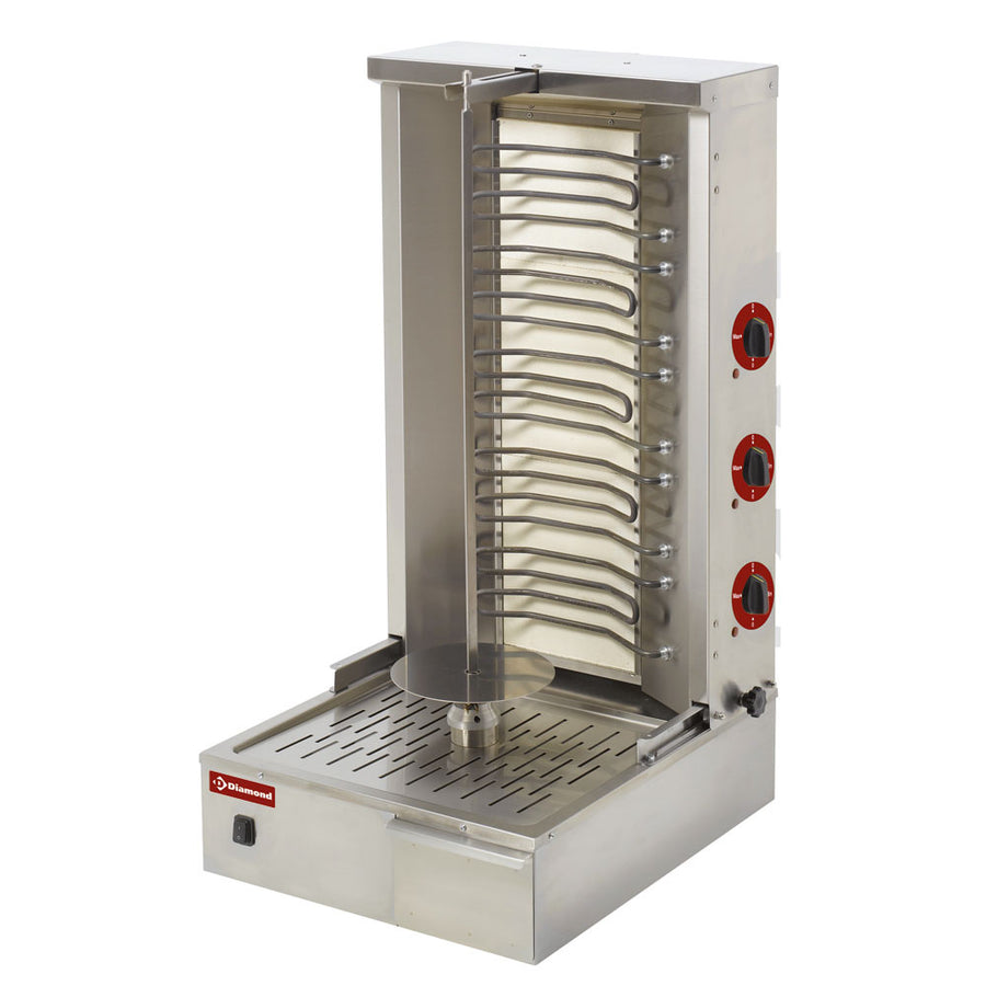 Gril à gyros électrique Diamond de 55 kg, appareil de cuisson professionnel avec rotisserie pour viande, vue de face.