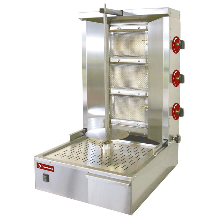 Gril à gaz Diamond pour gyros, cuisson de 35 kg, avec brûleurs et surface de cuisson en acier inoxydable.
