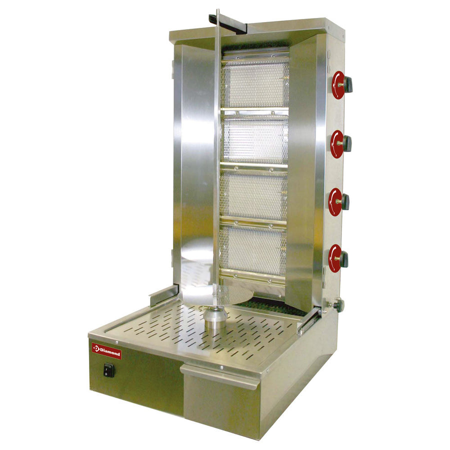 Grill à gaz Diamond pour gyros, capacité de 55 kg, appareil de cuisson professionnel, avec brûleurs et surface de cuisson en acier.