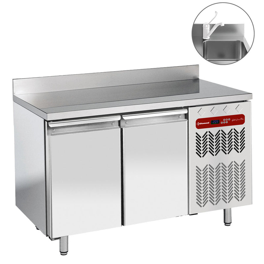 Table frigorifique "murale", ventilée, 2 portes GN 1/1, avec évier