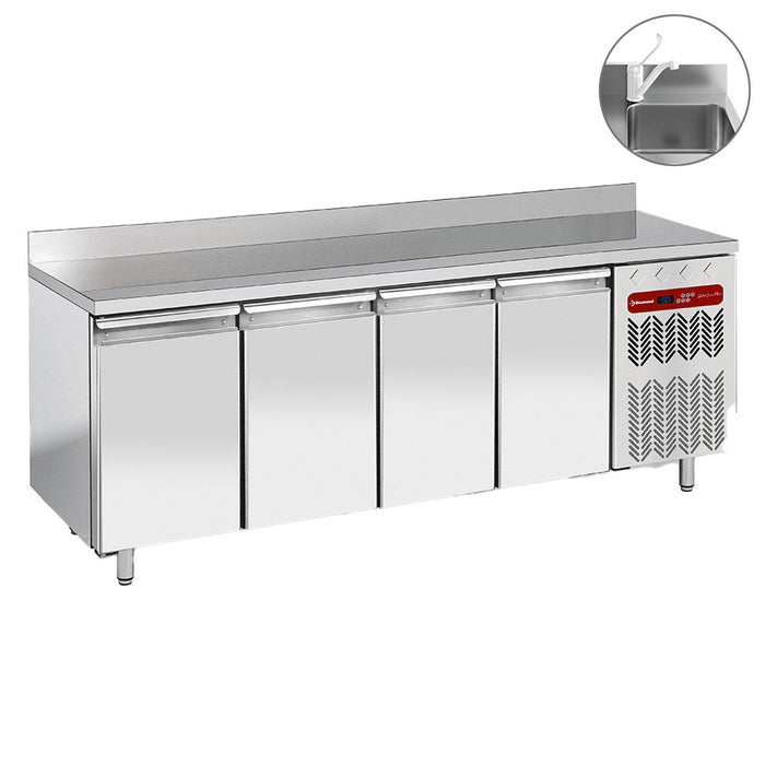 Table frigorifique murale ventilée Diamond, 4 portes GN 1/1, avec évier, réfrigérée 4 portes A/dos pour cuisine professionnelle