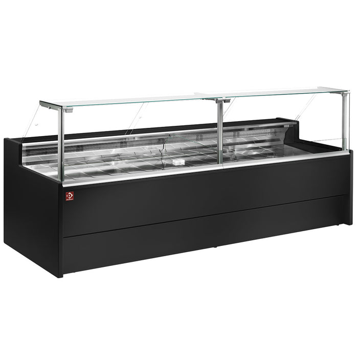 Vitrine réfrigérée Diamond à vitre droite 90°, ventilée, avec réserve, finition noire pour exposition de produits alimentaires.