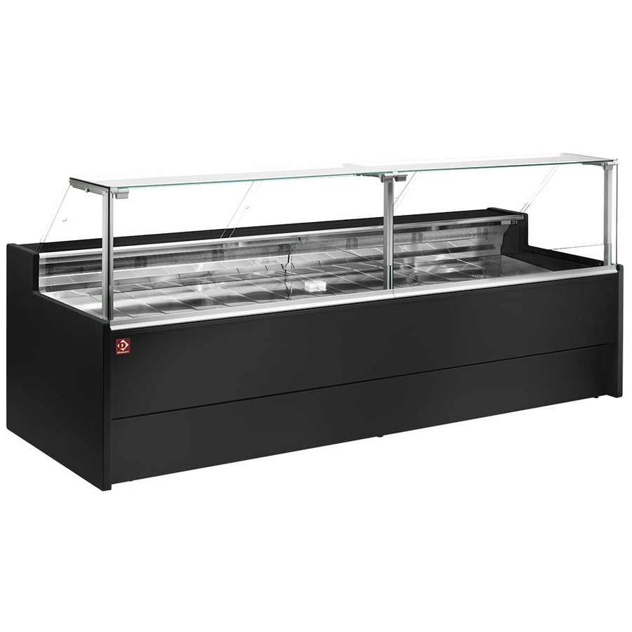 Comptoir vitrine réfrigérée à vitre droite 90° Diamond, ventilée, avec réserve, finition noire, pour exposition de produits alimentaires.