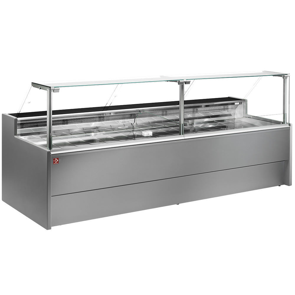Comptoir vitrine réfrigérée à vitre droite 90° ventilée de marque Diamond, gris, avec réserve, pour exposition de produits alimentaires.