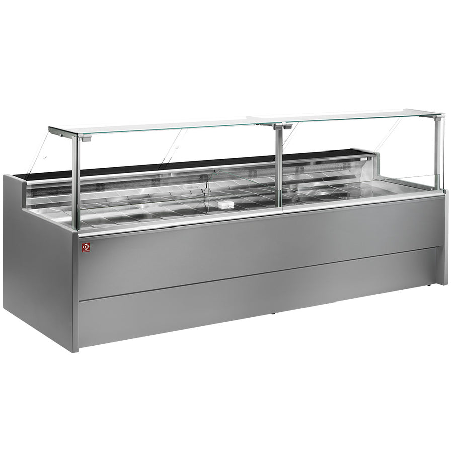 Vitrine réfrigérée à glace droite 90° Diamond, ventilée, avec réserve, en gris, pour produits expo ou stockage.