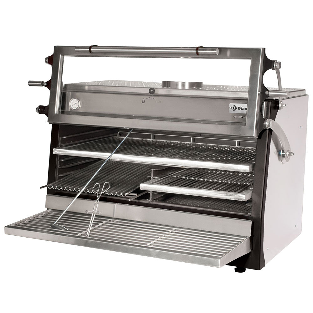 Four-BBQ  à charbon, GN 2/1+ GN1/1(120 Kg/h) - Porte relevable /Inox