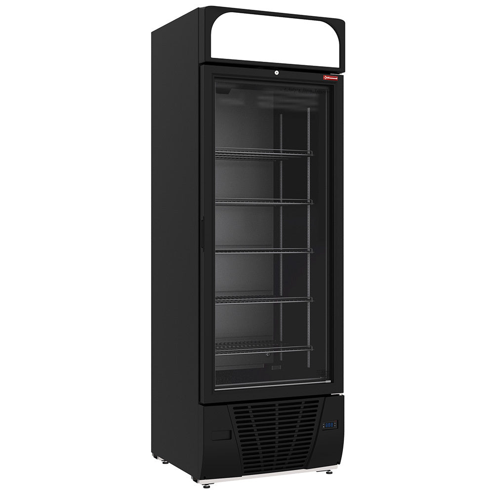Vitrine ventilée négative vitrée noire Diamond de 496 litres avec 6 niveaux et caisson lumineux pour présentation de produits.