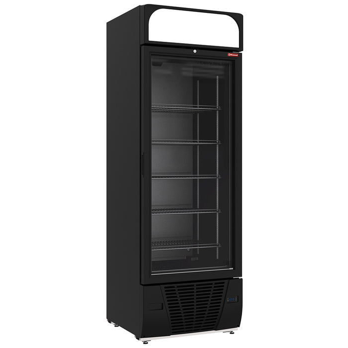 Vitrine ventilée négative vitrée noire Diamond de 496 litres avec 6 niveaux et caisson lumineux pour présentation de produits.