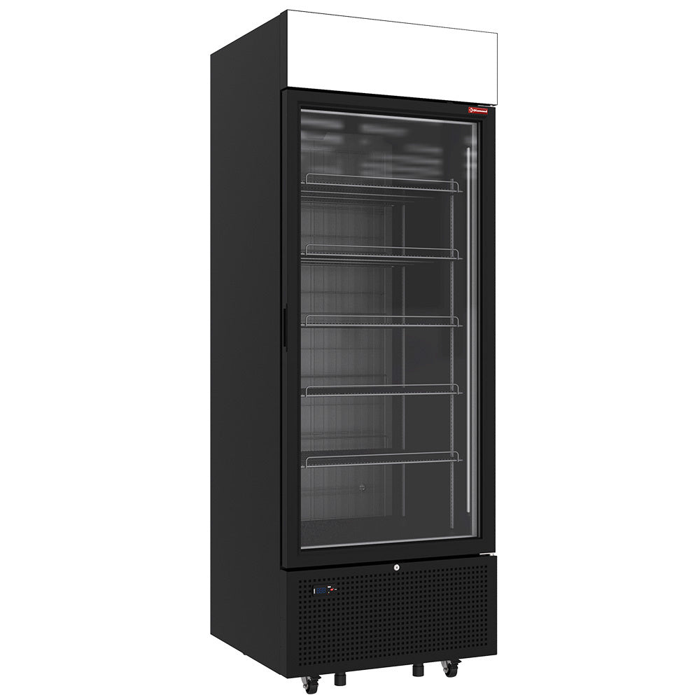 Vitrine ventilée négative vitrée noire Diamond de 646 litres avec 6 niveaux et caisson lumineux, affichée en intérieur.