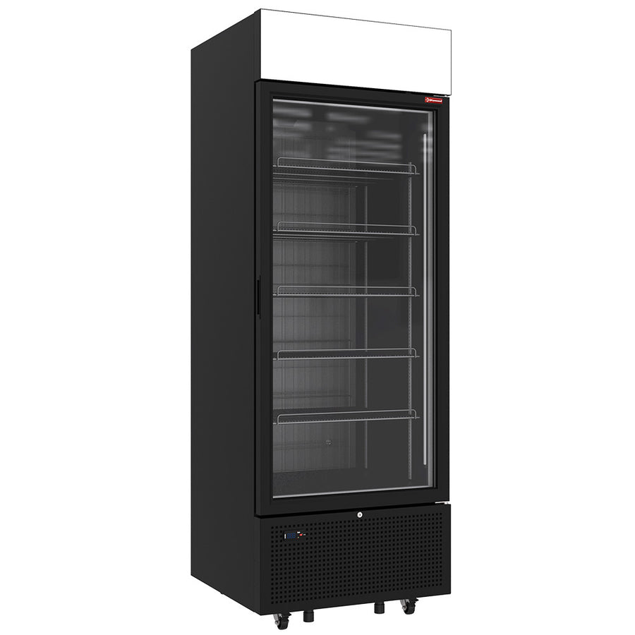 Vitrine ventilée négative vitrée noire Diamond de 646 litres avec 6 niveaux et caisson lumineux, affichée en intérieur.