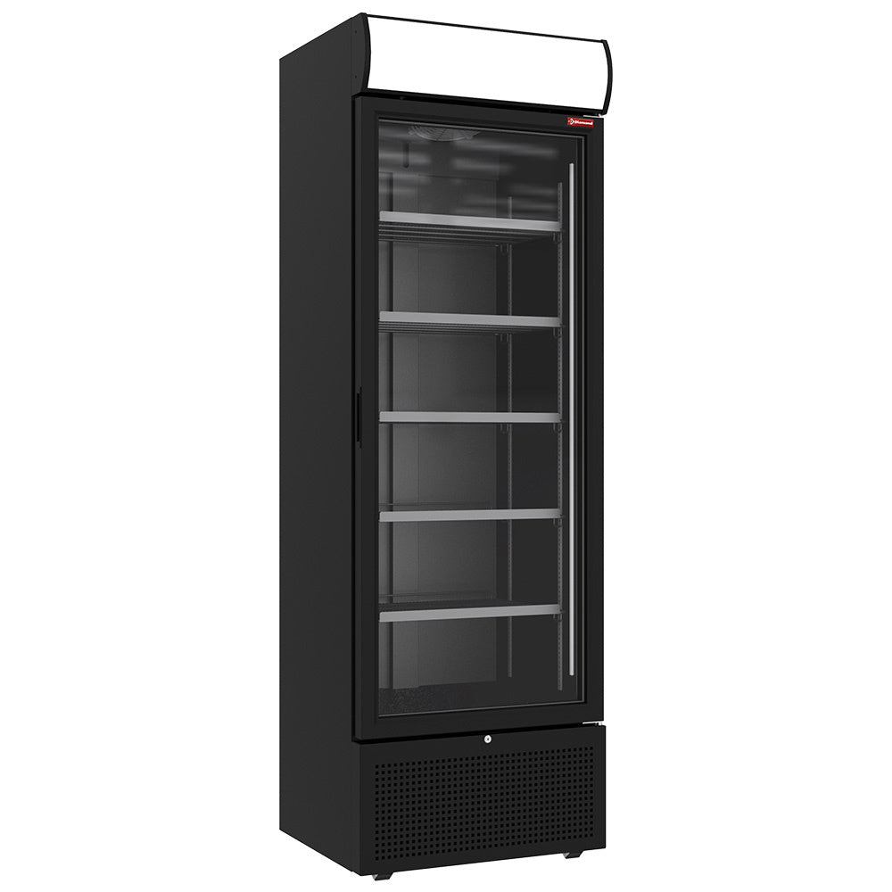 Vitrine ventilée positive noire de 494 litres Diamond avec caisson lumineux, vitrine de présentation professionnelle.
