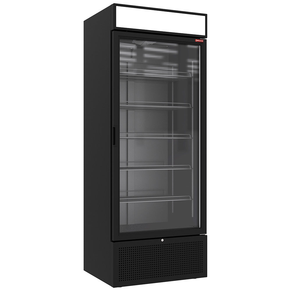 Vitrine ventilée positive noire de 715 litres avec caisson lumineux, vitrine générique Diamond pour présentation.