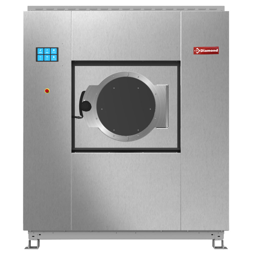 Lave-linge industriel Diamond super essorage inox de 40 kg, vue en gros plan avec porte et commandes visibles.