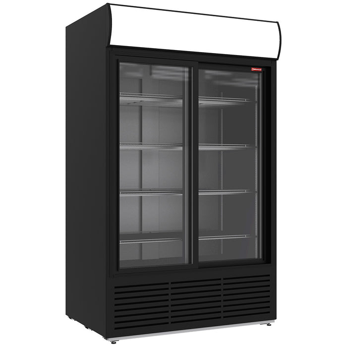 Vitrine ventilée noire Diamond pour bouteilles et canettes, 1230L, caisson lumineux et deux portes coulissantes.