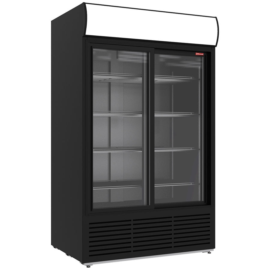 Vitrine ventilée noire Diamond pour bouteilles et canettes, 1230L, caisson lumineux et deux portes coulissantes.