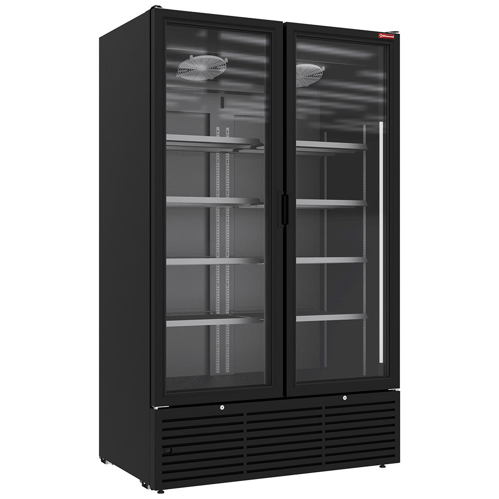 Vitrine ventilée positive Diamond noire pour bouteilles et canettes, 1142 litres, 2 portes battantes, affichage clair.