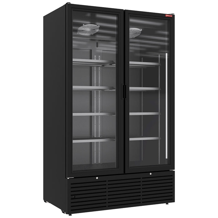 Vitrine ventilée positive Diamond noire pour bouteilles et canettes, 1142 litres, 2 portes battantes, affichage clair.